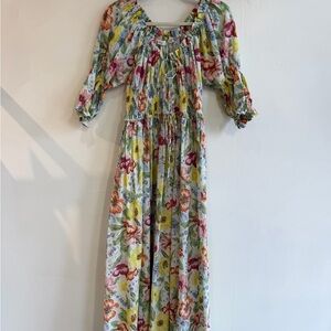 Doen ‘ischia’ Floral Midi Dress in Cream with Pink, Yellow & Green